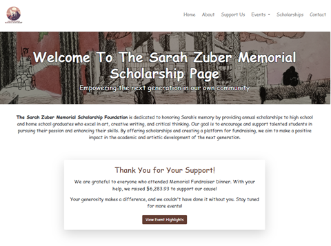 Screenshot of The Sarah Zuber Scholarship Foundation website